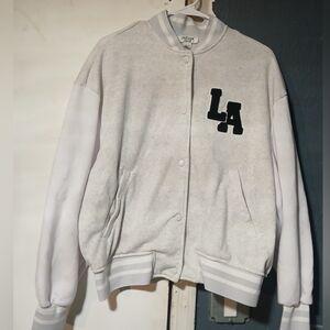 Grey and White Refuge LA Bomber Jacket, Snaps Close Size Medium